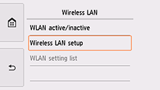 Wireless LAN screen: Select Wireless LAN setup