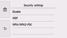 Security settings screen