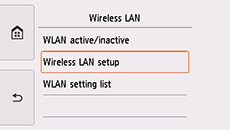 LAN settings screen: Select Wireless LAN setup