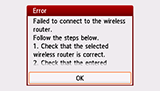 Error screen: Failed to connect to the wireless router.