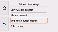 Pantalla Configurac. LAN inalámbrica: Seleccionar WPS (método de pulsador)