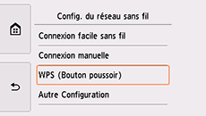 Écran Config. du réseau sans fil : sélectionnez WPS (Bouton poussoir)