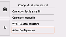 Ecran Config. du réseau sans fil: Sélection Autre Configuration