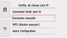 Écran Config. du réseau sans fil : Sélectionnez Connexion manuelle