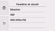 Ecran Paramètres de sécurité