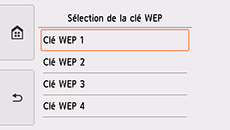 Ecran de sélection de la clé WEP