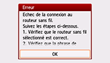 Écran d'erreur : Echec de la connexion au routeur sans fil.