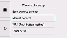 Wireless LAN setup screen: Select Manual connect