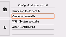 Écran Config. du réseau sans fil : Sélectionnez Connexion manuelle