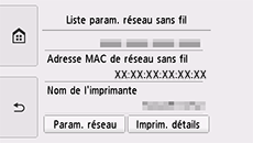 Écran Liste param. réseau sans fil