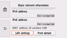 Ecranul Informaţii de bază despre reţea: Selectare Setări LAN