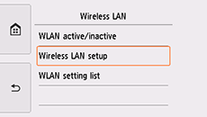 Obrazovka Nastavenia siete LAN: výber položky Nastavenie bezdr. siete LAN