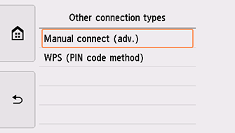 Obrazovka Ostatní typy připojení: Výběr možnosti Ruční připojení (upř.)
