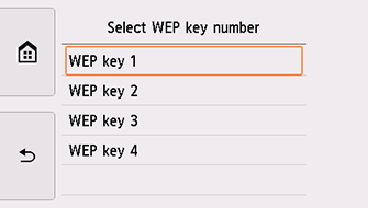 Obrazovka Vyberte číslo klíče WEP