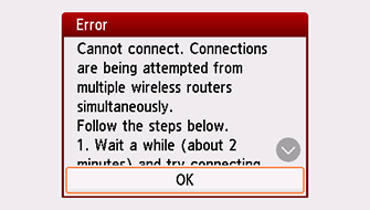 Ekran błędu: Nie można połączyć. Wykonywane są próby nawiązania połączenia z wielu routerów bezprzewodowych jednocześnie.
