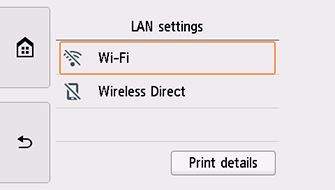 Obrazovka Nastavení sítě LAN: Výběr možnosti Wi-Fi
