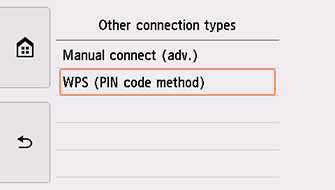 Obrazovka Ostatní typy připojení: Vyberte možnost WPS (metoda pomocí kódu PIN)
