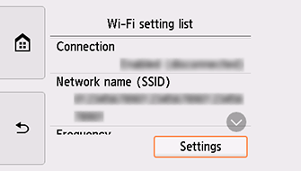 Obrazovka Seznam nastavení Wi-Fi: Výběr možnosti Nastavení