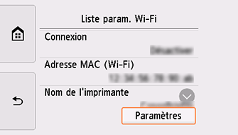 Écran Liste param. Wi-Fi : sélectionnez Paramètres