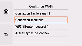 Écran Config. du Wi-Fi : sélectionnez Connexion manuelle