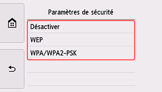 Écran Paramètres de sécurité