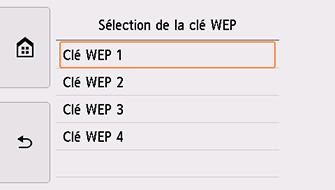 Écran Sélection de la clé WEP