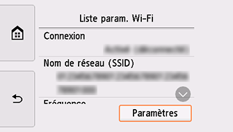 Écran Liste param. Wi-Fi : sélectionnez Paramètres