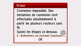 Écran d'erreur : Connexion impossible. Des tentatives de connexion sont effectuées simultanément à partir de plusieurs routeurs sans fil.