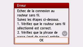 Écran Erreur : Echec de la connexion au routeur sans fil.