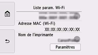 Écran Liste param. Wi-Fi