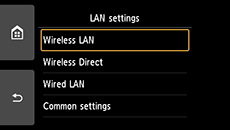 Obrazovka Nastavení sítě LAN: Výběr možnosti Bezdrátová síť LAN