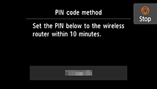 PIN code method screen: Set the PIN below to the wireless router within 10 minutes.