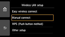 Wireless LAN setup screen: Select Manual connect