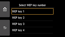 WEP key number selection screen