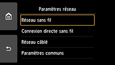 Écran Paramètres réseau&nbsp;: Sélectionnez Réseau sans fil