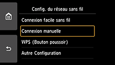 Écran Config. du réseau sans fil : Sélectionnez Connexion manuelle