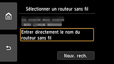 Écran de sélection du routeur sans fil&nbsp;: sélectionnez Entrer directement le nom du routeur sans fil