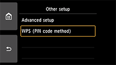 Obrazovka Jiná nastavení: Vyberte možnost WPS (metoda pomocí kódu PIN)