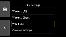 Obrazovka Nastavení sítě LAN: Výběr možnosti Kabelová síť LAN