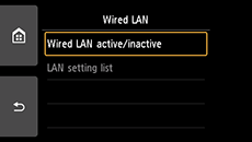 Obrazovka Kabelová síť LAN: Vyberte možnost Kabel. síť LAN aktivní/neaktivní