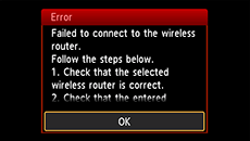 Error screen: Failed to connect to the wireless router.