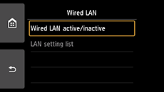 Pantalla LAN cableada: Seleccionar LAN cableada activa/inactiva