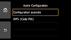 Écran Autre Configuration&nbsp;: Sélection Configuration avancée