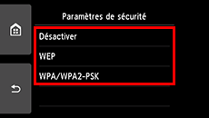 Écran Paramètres de sécurité
