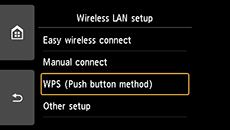 Layar Pengesetan LAN nirkabel: Pilih WPS (Metode tombol tekan)