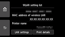 WLAN parametrų sąrašo ekranas