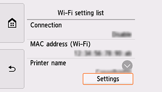 Obrazovka Seznam nastavení Wi-Fi: Výběr možnosti Nastavení