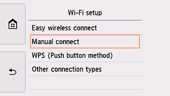 Obrazovka Nastavení Wi-Fi: Vyberte možnost Ruční připojení