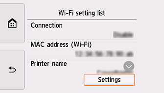 Pantalla Lista configuración Wi-Fi: seleccionar Configuración