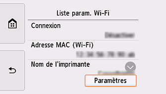 Écran Liste param. Wi-Fi&nbsp;: sélectionnez Paramètres